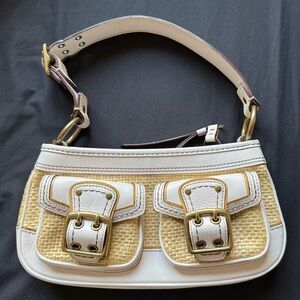 Coach White and Tan Shoulder Bag with Gold Buckles